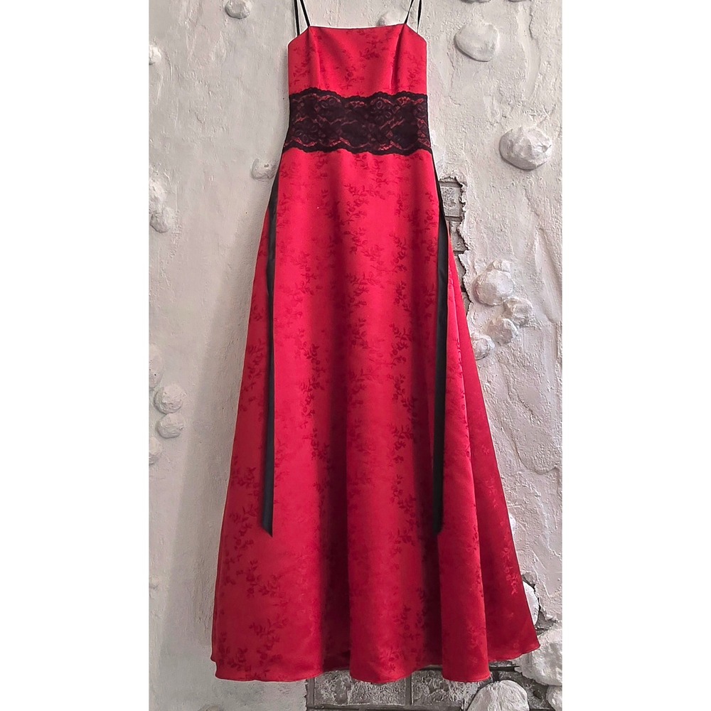 Red Floral Jacquard Formal Dress Black Lace Waist Satin Tie Gown Gothic Size XS
